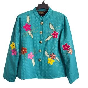 Alex Kim Teal Floral Embroidered Jacket Mandarin Collar Sunburst Buttons Medium